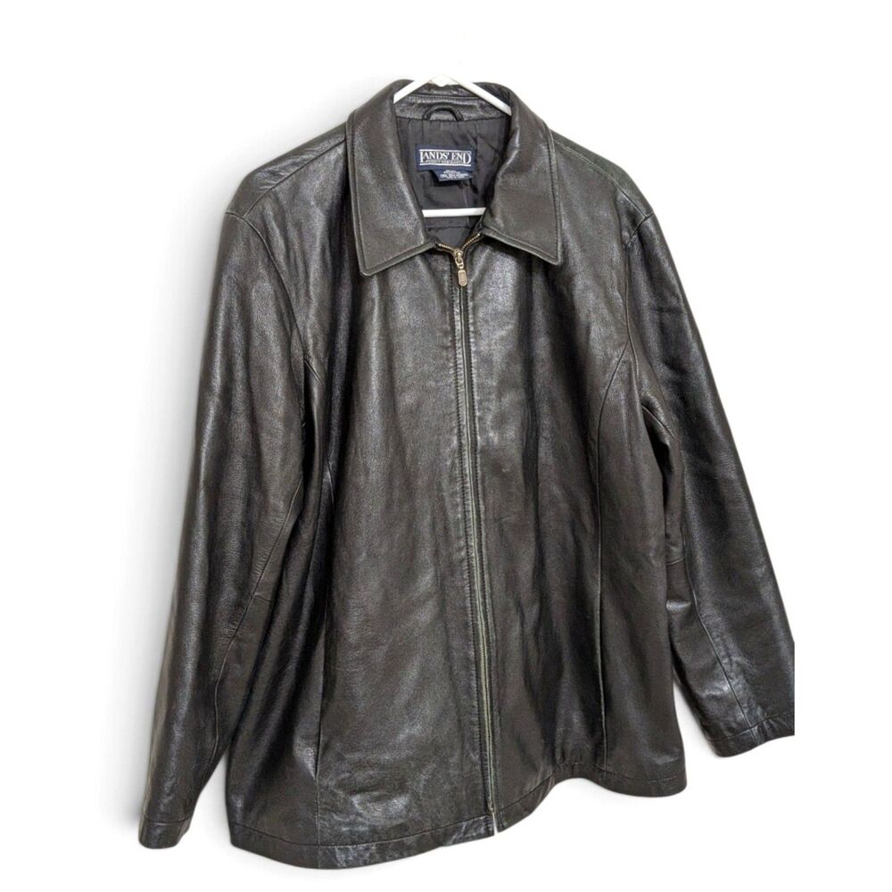 Lands End Womens XL 18-20 Black Lambskin Leather Jacket Full Zip Collared